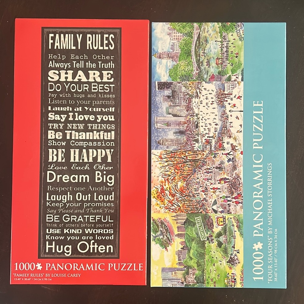 Set of 2 , COMPLETE 1000 pcs NYC Central Park and Family Rules panoramic puzzles